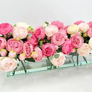 Modern Long Pink Shades of Rose Peony Arrangement Artificial Faux Centerpiece Floral Flower Arrangement Silk Flowers Glass Vase French Decor