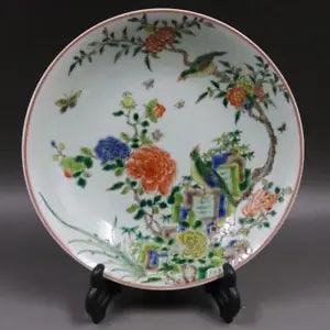 8.66???China Porcelain Qing Dynasty Kangxi Ancient Color Peony Flowers Birds Plate