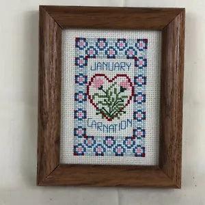 Vintage Framed Cross Stitch 1986 Flower Carnation January Heart 5"x4"