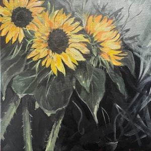 Happy trio, realistic modern floral of beautiful sunflowers