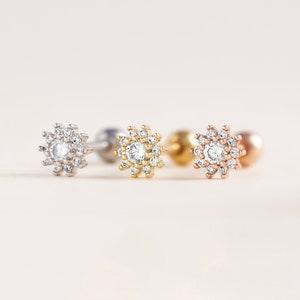 Diamond Sunflower piercing, Crystal Flower Earrings, Cartilage Piercing 18g, Flat Back Earrings, Labret Stud, Birthday Gift, Tiny Studs