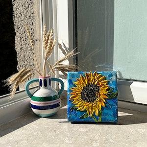 miniature sunflower painting original, sunflower decor gifts, shelf fall autumn decor, textured wall art, cottagecore art, flower painting