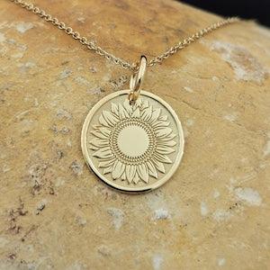 Dainty 14k Solid Gold Sunflower Necklace, Personalized Sunflower Pendant, Gold Sunflower Coin