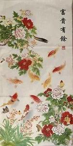 47"China Cloth Silk Embroidery Peony Flower Cryprinus Carpiod Mural Tapestry??????????