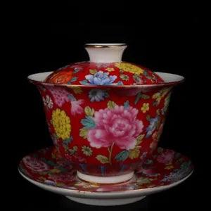 4.3" Collect Chinese Porcelain Red Glaze Tree Peony Lotus Flower Branch Bowl