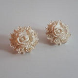 Vintage 40's deep molded cream Featherlite Bubbleite wedding cake celluloid flower roses bouquet cluster clip earrings lace frame