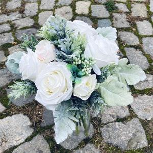 Wedding white bouquets, White roses bridesmaids bouquet, Greenery bouquet, Faux bouquet