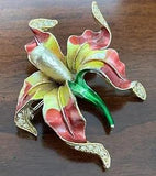LARGE VINTAGE Enamel LILY FLOWER Pin Brooch Faux Pearl RHINESTONE CRYSTAL ESTATE