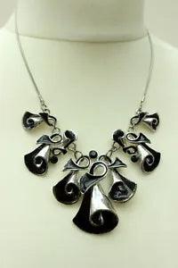 Arum Lily Lavalier Necklace SilverTone & Black Enamel Flower  Snake Chain