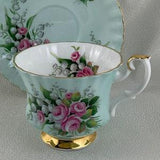 Pretty Blue Royal Albert Teacup and Saucer Duo with Pretty Pink Rose Bouquet,  #4227
