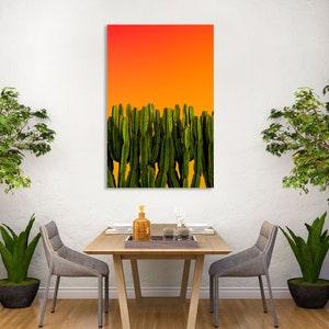 Green Plants on the Orange Background wall decor prints, Creative art for dining room, Cactus print canvas, Cacti modern wall decor