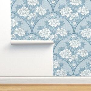 Art Deco Floral  Commercial Grade Wallpaper - Blue Peony by emikundesigns - Peony Bouquet Scallop Fan Wallpaper Double Roll by Spoonflower