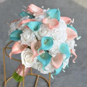 Turquoise Blush Bridal Bouquets, Artifical Calla Lilies, Real Touch White Roses, Rosegold Wedding, Boutonnieres, Corsages