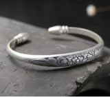 Pure S999 Sterling Silver 999 Peony flowers Bracelet Bangle Vintage Women 27g