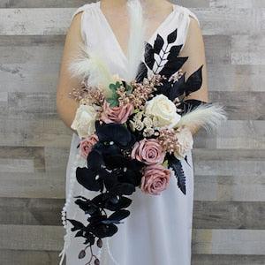 Gothic wedding bouquet, Rose gold black bouquet, Cascading wedding bouquet