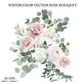 Silver sage green and blush pink flowers vector design bouquet. Dusty rose, white carnation, beige magnolia, ranunculus, eucalyptus