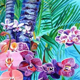 Orchid art print, orchid garden, tropical flower painting, hawaii decor, hawaiian wall art, housewarming gift, orchids on palm trees