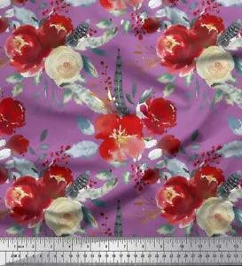 Soimoi Purple Velvet Fabric Leaves & Peony Floral Print Fabric by-K58