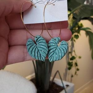 Eucalyptus Philodendron Earrings, Variegated, Pink Princess, White, Green, Black, Water droplets, Handmade, Polymer Clay, Hoops Cute Jewelry