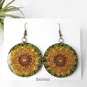 Hand Painted Sunflower Mandala Dangle Earrings Embellished with Gems and Resin Art Finish, Dotted Mandala Jewelry Summer Gift Idea for Women