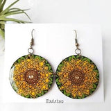 Hand Painted Sunflower Mandala Dangle Earrings Embellished with Gems and Resin Art Finish, Dotted Mandala Jewelry Summer Gift Idea for Women