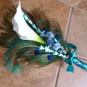 Small Calla lily peacock bouquet, single stem calla lily, blue and teal accent flowers