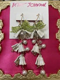 Betsey Johnson Lily Flower White Lily Bell Green Gingham Pearl Dangle Earrings