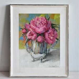 Pink peonies bouquet in Antique Metal Teapot still life bright oil painting 10x12''