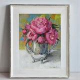 Pink peonies bouquet in Antique Metal Teapot still life bright oil painting 10x12''