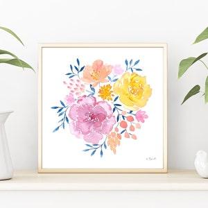 Colorful Watercolor Rose Bouquet,  Floral painting, Flower Bouquet Artwork for office or kids Square Art Print, 12x12, 10x10, 8x8, 6x6, 4x4