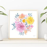 Colorful Watercolor Rose Bouquet,  Floral painting, Flower Bouquet Artwork for office or kids Square Art Print, 12x12, 10x10, 8x8, 6x6, 4x4