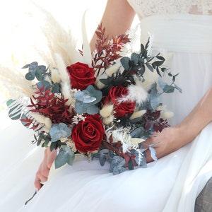 Bridal bouquet NEW-YORK dried and preserved flowers, modern boho wedding bouquet with burgundy red eternal rose and pampas flowers