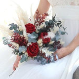 Bridal bouquet NEW-YORK dried and preserved flowers, modern boho wedding bouquet with burgundy red eternal rose and pampas flowers