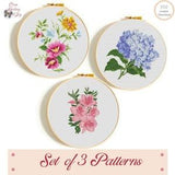 Set of 3 Flowers Unique Cross Stitch Patterns, Floral Cross Stitch, Vivid Colors, Modern Easy Nature Theme, Orchids, Hydrangeas, Plants
