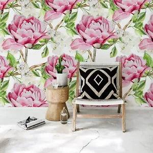 Non-Woven wallpaper Pink watercolor peonies Beautiful floral Colorful flowers