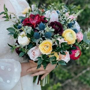 B62 Wedding Flower Bridal Bouquet Faux Silk Boho Pink Rose Colorful Blue Thistle Maroon Red Burgundy Yellow Peach Blush Protea Plum Dark
