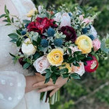 B62 Wedding Flower Bridal Bouquet Faux Silk Boho Pink Rose Colorful Blue Thistle Maroon Red Burgundy Yellow Peach Blush Protea Plum Dark