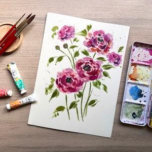 Original watercolor ranunculus flower painting wall hanging pink flower painting hand painted art painting boho decor 9x12 painting