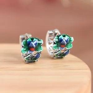 F05 Earring Hoop Earrings Multicoloured Flower Peony Sterling Silver 925