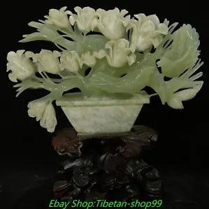 12.5'' Natural Xiu Green Jade Carve Lily Flower Bird Potted Plants Bonsai Statue