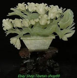 12.5'' Natural Xiu Green Jade Carve Lily Flower Bird Potted Plants Bonsai Statue