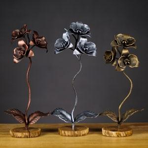 Metal orchid on wooden stand/ Steel orchid on oak stand/ Personalized gift/ Forged flower/ Decorations for home and garden.