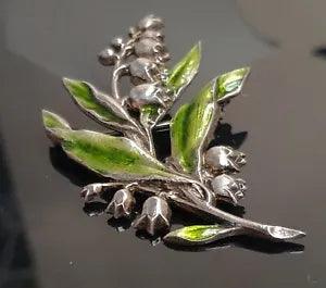 Vintage Green Enamel and Silver Metal Lily of the Valley Brooch 7cm x 5cm Flower