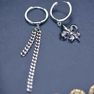 18k white gold gf fleur-de-lis huggie lily flower stud curb chain earrings
