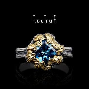 Sunflower engagement ring with gemstone. Fantasy branch ring. Unique design. Handmade jewelry by kochut