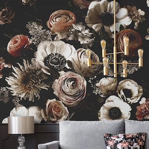 Dark Floral Bouquet Wallpaper |  Ranunculus Rose Chrysanthemum Flower Peel and Stick | Realistic Flowers Wall Mural