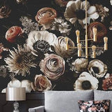 Dark Floral Bouquet Wallpaper |  Ranunculus Rose Chrysanthemum Flower Peel and Stick | Realistic Flowers Wall Mural