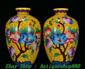 9" Daming Yongle Marked Colour Enamel Porcelain Peony Flower Vase Bottle Pair