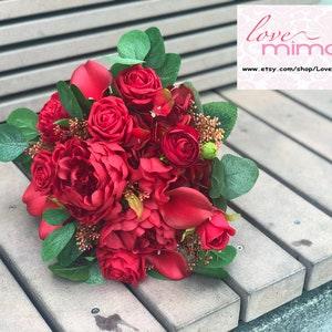 Bridal Bouquet, Wedding Bouquet, Peonies bouquet, Calla Lilies Bouquet, Bridesmaid gifts, Red Decor, Silk Flower Bouquet, keep sake bouquet