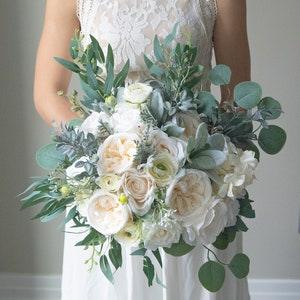 Boho Ivory White Peony and Roses Bouquet Accents Wedding Boho Bridal Bouquet Ivory Wedding Bouquet Dusty Greenery Flowers Bridesmaid Bouquet